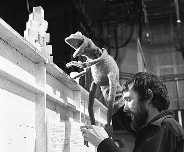 Jim Henson operating the puppet of Kermit the Frog